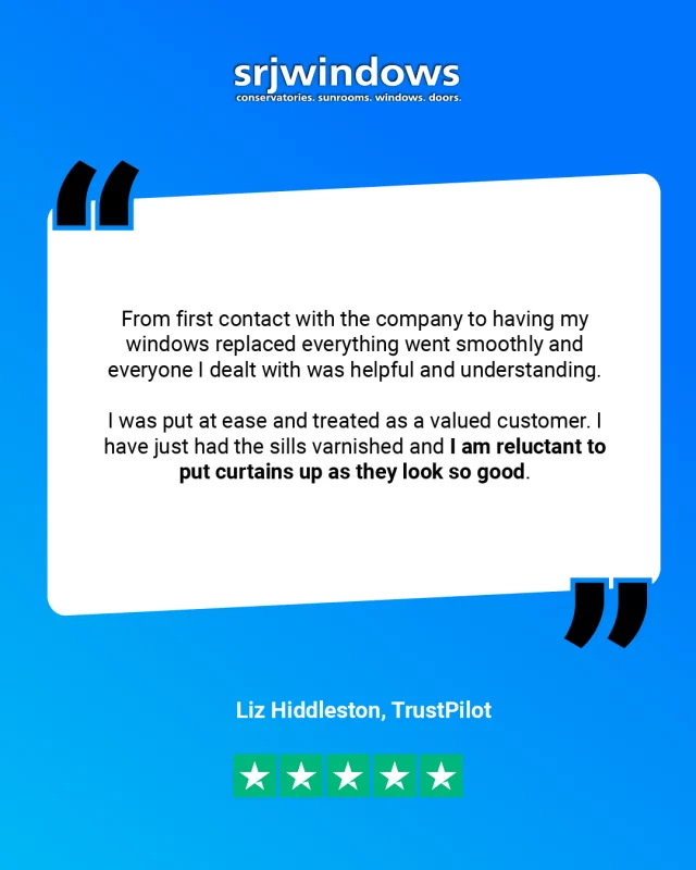 ⭐⭐⭐⭐⭐

At SRJ, we cherish the feedback we get from our valued customers. 🧡

Read about a customer's recent experience in their review: 

"From first contact with the company to having my windows replaced everything went smoothly and everyone I dealt with was helpful and understanding. I was put at ease and treated as a valued customer. I have just had the sills varnished and I am reluctant to put curtains up as they look so good."

Liz Hiddleston, Trustpilot

And find out more about our customer testimonials on our website below. 👇

https://www.srjwindows.com/about-us/testimonials/