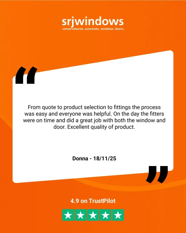 We love hearing how much our customers enjoy working with us! ✨Here’s just one of thousands of 5-star reviews that make us proudly SRJ. 🧡⭐⭐⭐⭐⭐"From quote to product selection to fittings the process was easy and everyone was helpful. On the day the fitters were on time and did a great job with both the window and door. Excellent quality of product."Donna, 18/11/25Read more of our customer testimonials on the SRJ website today.https://www.srjwindows.com/about-us/testimonials/