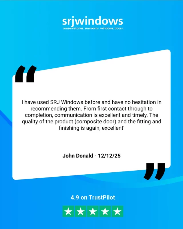 ⭐ Testimonial Tuesday! ⭐At SRJ, we love hearing from our amazing customers and their experience with our expert team 🤝Glowing reviews like this one from John inspires us to keep striving for excellent customer service every day:'I have used SRJ Windows before and have no hesitation in recommending them. From first contact through to completion, communication is excellent and timely. The quality of the product (composite door) and the fitting and finishing is again, excellent'.Thank you, John, for your lovely review! 🧡Explore our reviews on Trustpilot or add yours to be featured next time! 👇https://uk.trustpilot.com/review/srjwindows.com?utm_medium=trustbox&utm_source=MicroStar